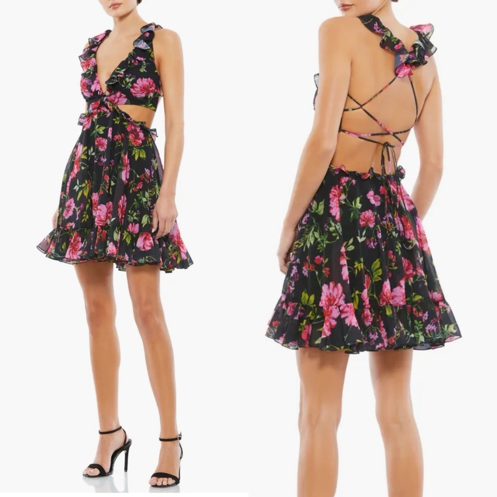Mac Duggal New 9155 Floral Ruffle Cut Out Lace Up Flowy Mini Dress 0 Black